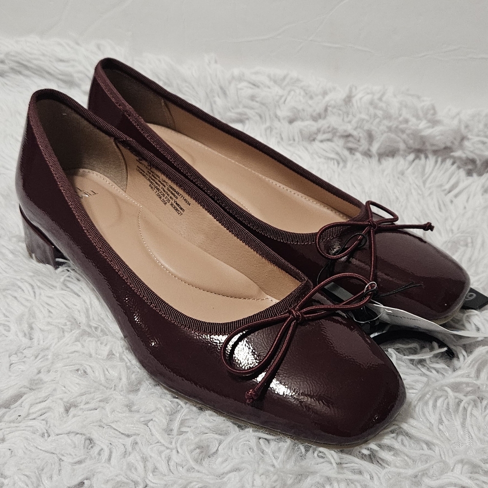 Time and Tru Burgundy Block Heel Ballet Flats Bow Slip On, Women, NWT